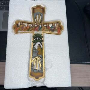 Decorative Gold and Brown Cross with Religious Imagery